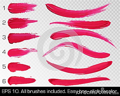 Red smears lipstick set texture brush strokes isolated on white transparent background. Make up. Vector illustration. Beauty Vector Illustration