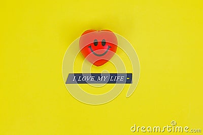 red smiling heart, face expression, i love my life tag on colorful lively background enjoy life happy life concept Stock Photo