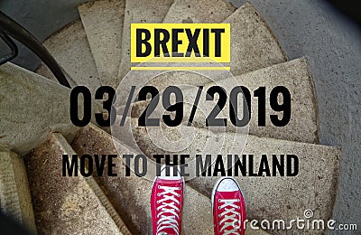 Red sneakers on spiral staircase when going downhill with inscription in english Brexit and 03/29/2019 and move to the mainland, i Stock Photo