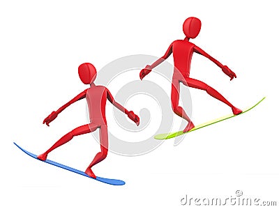 Red snowboarders with blue and green snowboards Stock Photo