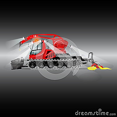 Red snowcat with headlights, crane, bucket and machine compacted snow Cartoon Illustration