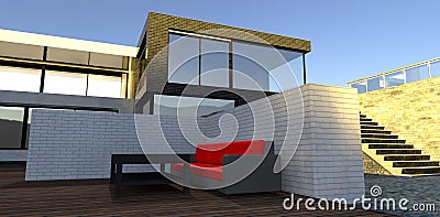 A red sofa and a black table on a wooden deck in the yard of a modern house. White brick fence. 3d render Stock Photo