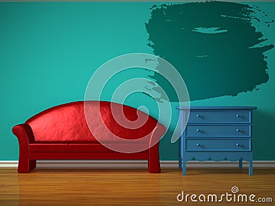 Red sofa with blue bedside table and splash frame Stock Photo