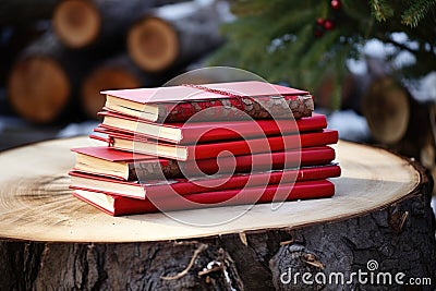 a red songbook of winter carols on a stack of firewood Stock Photo