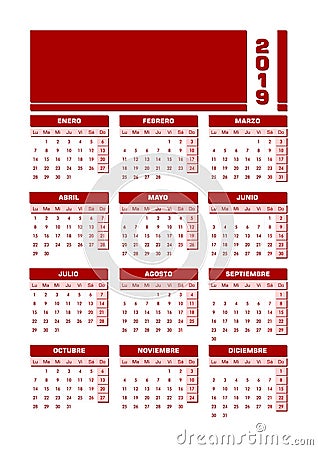 Red 2019 Spanish calendar. Printable portrait version Vector Illustration