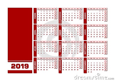 Red 2019 Spanish calendar Vector Illustration