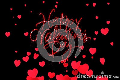 Red sparkle glitter happy valentine day word shape with red heats shape rise flowing on black background with alpha channel matte, Stock Photo