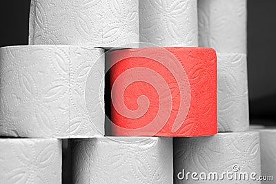 Red special roll of toilet paper among the usual gray rolls of toilet paper. Elite toilet paper for the chosen ones. Stock Photo