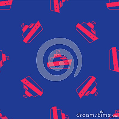 Red Speedboat icon isolated seamless pattern on blue background. Vector Vector Illustration