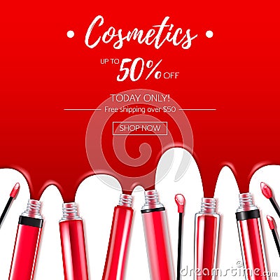 Red spilled lip gloss background. Vector Illustration