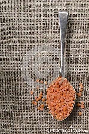 Red split lentils on a spoon Stock Photo