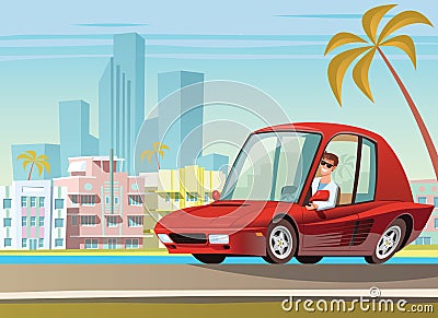 Red sport car on Ocean Drive in Miami Cartoon Illustration