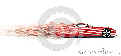 Red sports car with white stripes - smoke trail effect Stock Photo