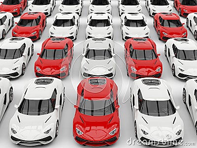 Red sports cars in formation amongst white cars Stock Photo