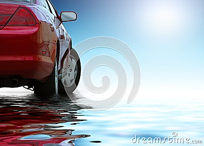 Red sporty car reflects in water Stock Photo