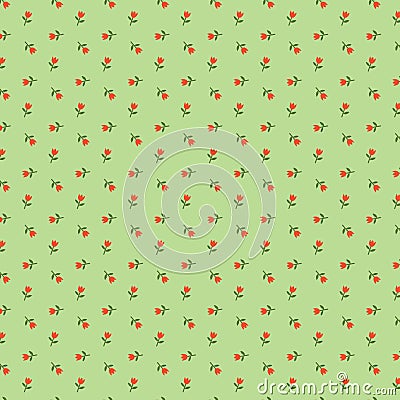 Red spring tulips on a light green background Simple modest botanical fabric pattern Stock Photo