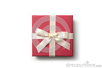 red square paper box with golden ribbon on white background Stock Photo