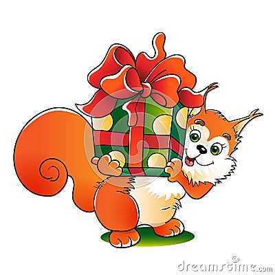 Red squirrel with a great gift isolated on white Vector Illustration