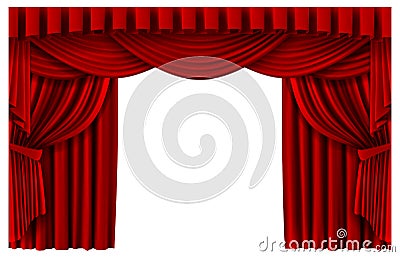 Red stage curtain. Realistic theater scene backdrop, cinema premiere portiere drapes, ruddy ceremony curtains vector Vector Illustration
