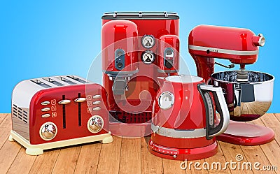 Red stainless electric tea kettle, coffeemaker, toaster, mixer. Editorial Stock Photo