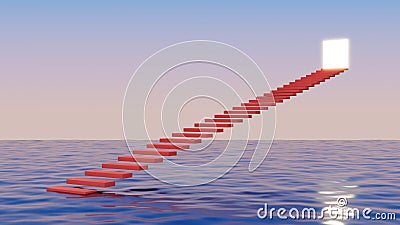 Red staircase floating above the ocean.Step to heaven door.Abstract minimal surreal background.3d rendering illustration Cartoon Illustration