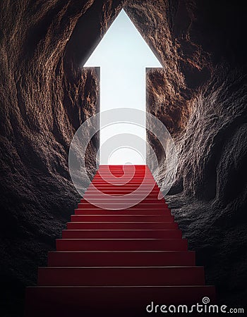 Red stairway extending from the bottom of a dark cave towards an opening at the top, in shape of an arrow pointing direction Stock Photo