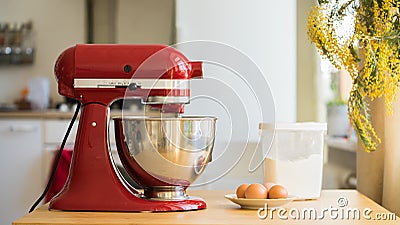 Red stand mixer with ingridients Stock Photo