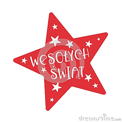 Red star with Merry Christmas lettering in Polish. Vector illustration Vector Illustration