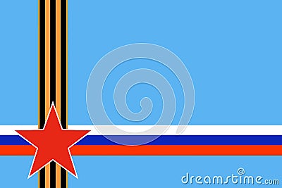 Red star of Russian armed forces with intersection St. George ribbon and Russian flag on blue background Stock Photo