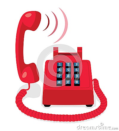 Red stationary phone with button keypad and raised handset Vector Illustration