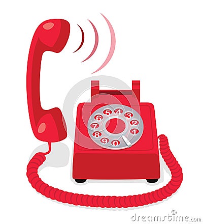 Red stationary phone with rotary dial and raised handset Vector Illustration