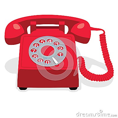 Red stationary phone with rotary dial. Vector Illustration