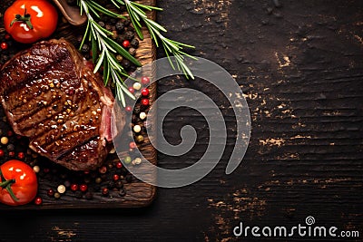 grill herb red background steak dark beef meat raw fried food. Generative AI. Stock Photo