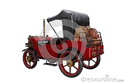 Red steampunk styled steam powered carriage with luggage on the back. 3D illustration isolated on white Stock Photo