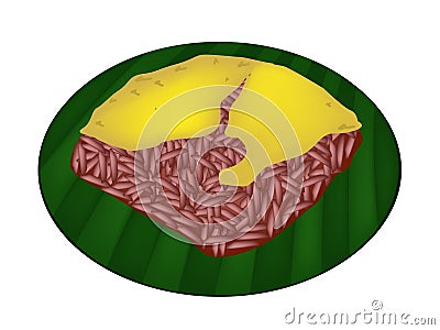 Red Sticky Rice with Steamed Custard on Banana Leaf Vector Illustration