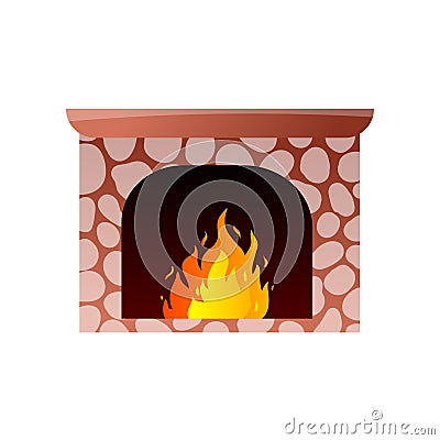 Red stone fireplace with burning hot fire in mountain Vector Illustration