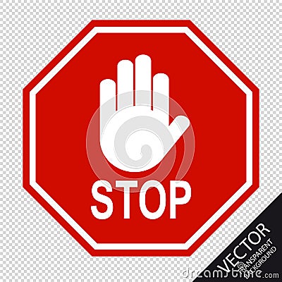 Red Stop Sign And Hand Signal - Vector Illustration - Isolated On Transparent Background Stock Photo