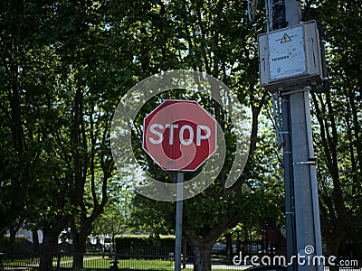 Red Stop sign in the street in Porto, Portugal Editorial Stock Photo