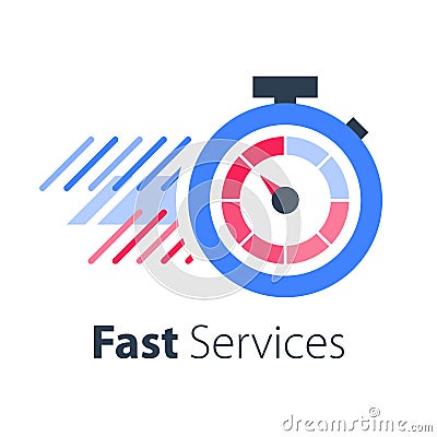 Red stopwatch in motion, fast services, running time, timely delivery Vector Illustration