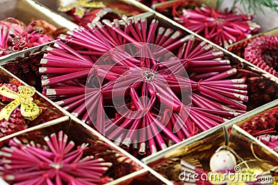 Red straw Christmas ornaments Stock Photo
