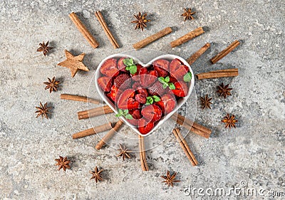 Red strawberries spices mint leaves Food background Stock Photo