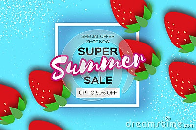 Red Strawberry Super Summer Sale Banner in paper cut style. Origami Healthy food on sky blue. Square frame for text Vector Illustration