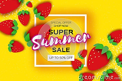 Red Strawberry Super Summer Sale Banner in paper cut style. Origami Healthy food on yellow. Square frame for text Vector Illustration