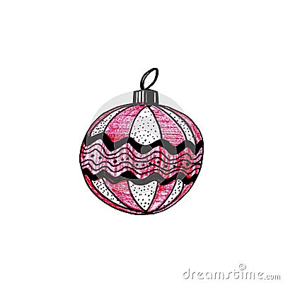 Red striped ball with ornate isolated on white background.Christmas toy for fir tree Stock Photo
