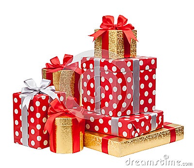 Red and striped and gold boxes with gifts tied bows on white Stock Photo