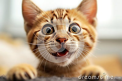 Red striped little kitten angrily opened his mouth.Generative AI Stock Photo