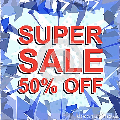 Red striped sale poster with SUPER SALE 50 PERCENT OFF text. Advertising banner Vector Illustration