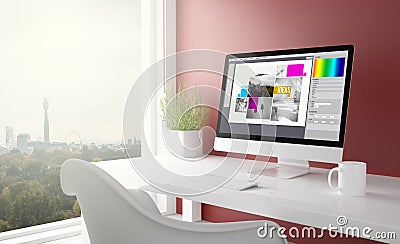 red studio with graphic design computer Stock Photo