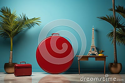 A red suitcase sitting in front of a blue wall and model of Eiffel tower. Minimalist Paris tourist concept Stock Photo
