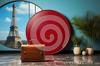 A red suitcase sitting in front of a blue wall and picture of Eiffel tower. Minimalist Paris tourist concept Stock Photo